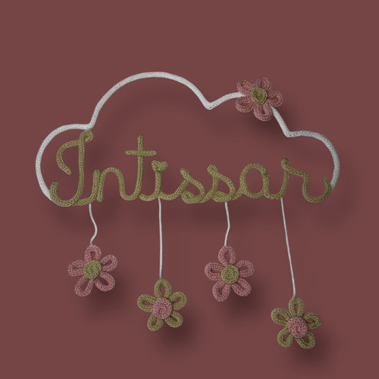 Tricotin - Prénom + Nuage Fleuri Marron/Rose